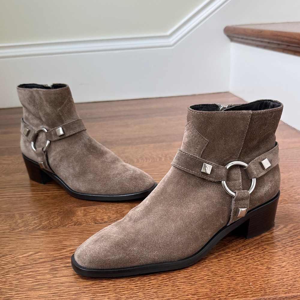AQUATALIA Rosario Weatherproof Suede Boots Western Harness Strap Brown 6.5